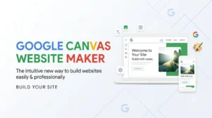Google Canvas website maker blog banner featuring laptop and mobile responsive web design mockups