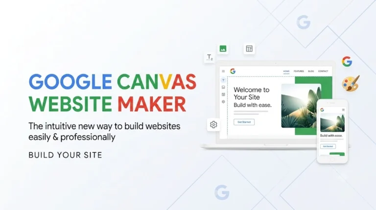 Google Canvas website maker blog banner featuring laptop and mobile responsive web design mockups